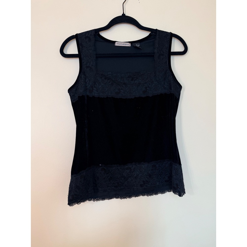 Susan Lawrence Black Velvet Lace Trim Tank Top Square Neck Sleeveless Medium